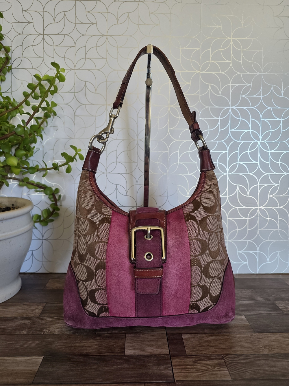 vintage Coach Hamptons Berry Suede Stripe Signature Hobo Bag